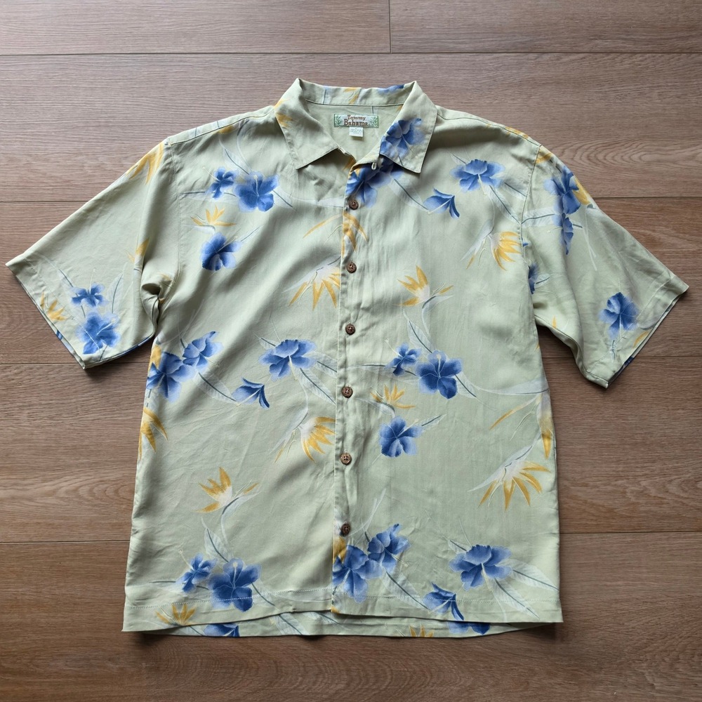 Tommy Bahama Mens Large Silk Floral Camp Shirt, Bird of Paradise